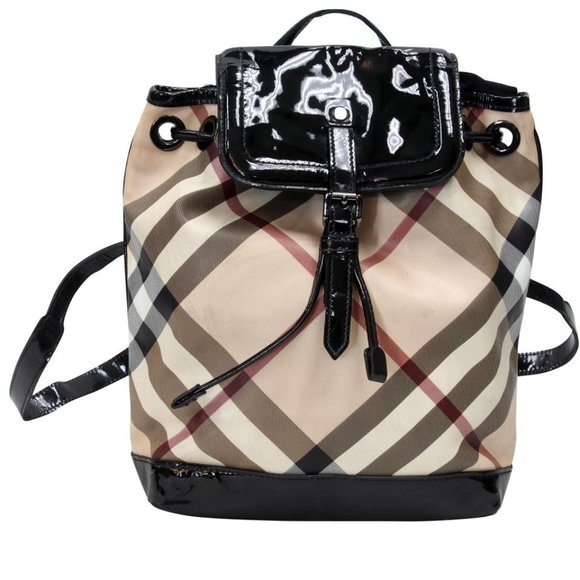 Burberry Drawstring Check Trim Coated Leather Supernova Backpack BB-0317N-0070 - Picture 1 of 11